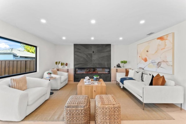 living room featuring a fireplace