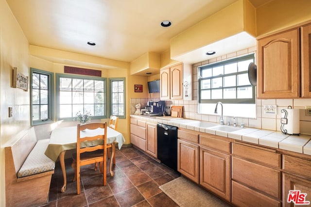 kitchen with tile counters, dishwasher, sink, and a wealth of natural light