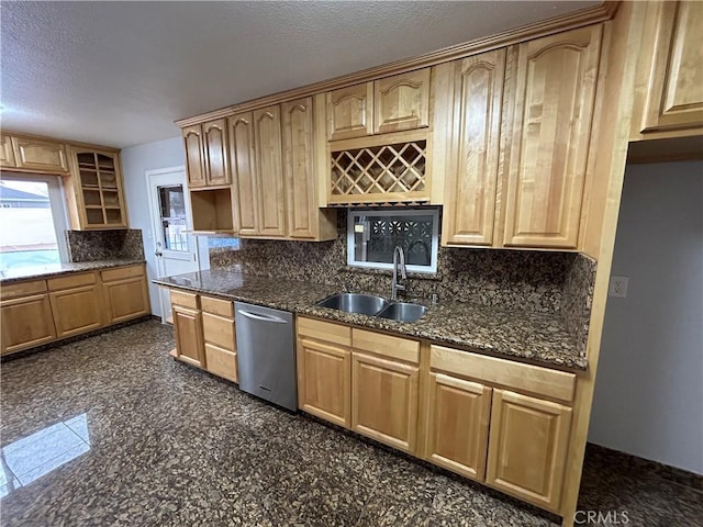 kitchen with sink, tasteful backsplash, dark stone counters, and dishwasher