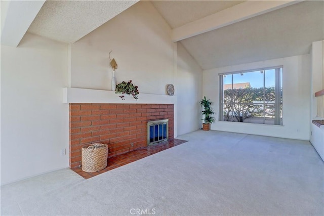 living room with a brick fireplace, carpet, high vaulted ceiling, and beam ceiling