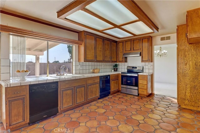 kitchen with dishwasher, decorative backsplash, sink, electric range, and tile countertops