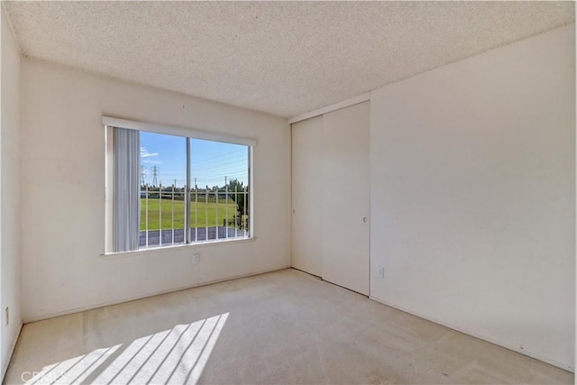 spare room featuring light colored carpet and a textured ceiling