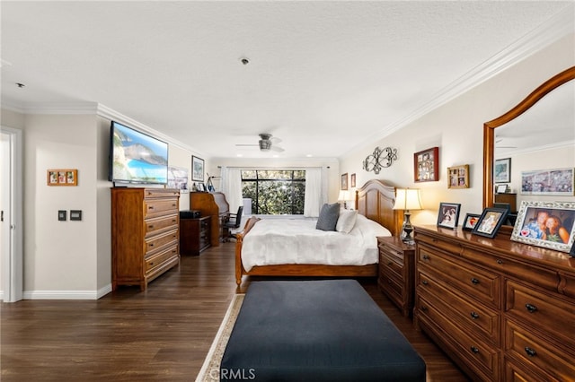 bedroom with ornamental molding, dark wood-type flooring, and a textured ceiling