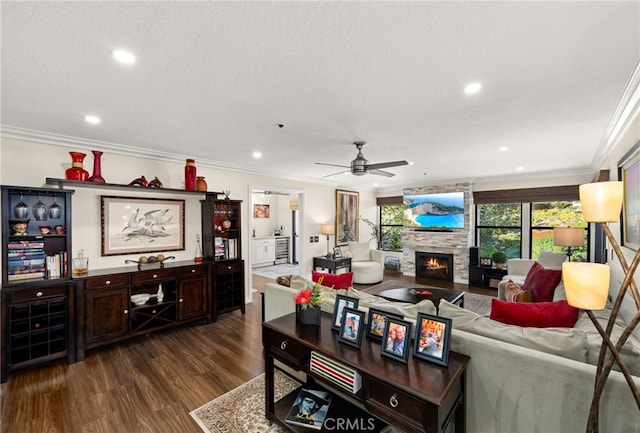 living room with crown molding, dark wood-type flooring, a textured ceiling, and a stone fireplace