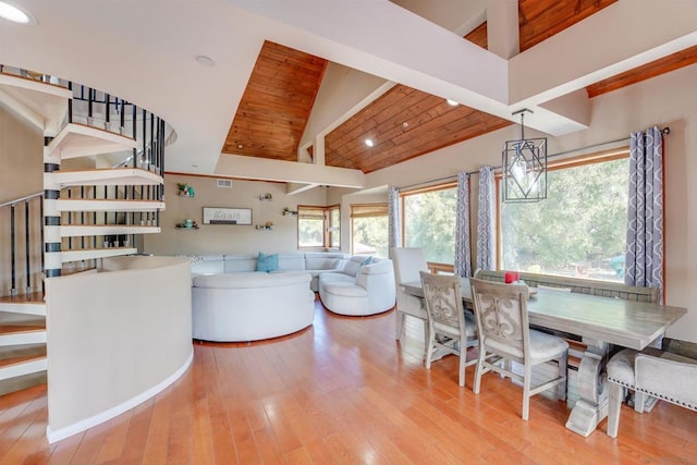 living room with wood ceiling, high vaulted ceiling, and light hardwood / wood-style flooring