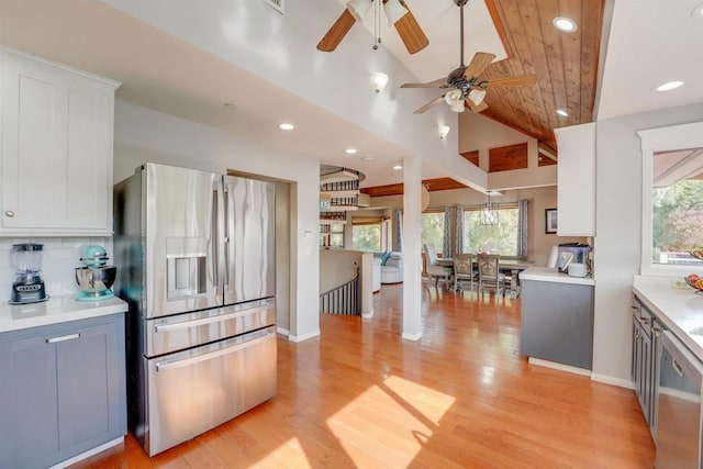 kitchen featuring white cabinets, wood ceiling, appliances with stainless steel finishes, and decorative backsplash