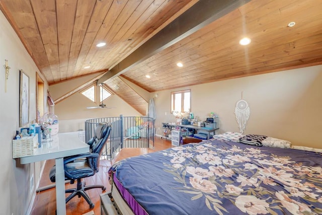 bedroom featuring wooden ceiling, wood-type flooring, and lofted ceiling with beams