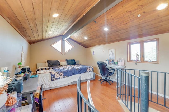 bedroom with wooden ceiling, light hardwood / wood-style floors, and lofted ceiling with beams