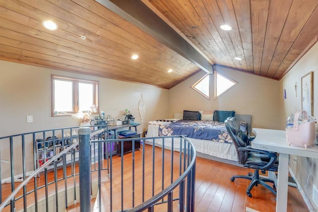 bedroom with wood ceiling, vaulted ceiling with beams, and light hardwood / wood-style floors