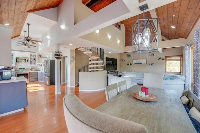 dining area featuring high vaulted ceiling, light hardwood / wood-style floors, ceiling fan, and wood ceiling