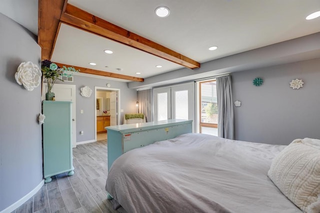 bedroom with french doors, ensuite bathroom, beam ceiling, and light hardwood / wood-style floors