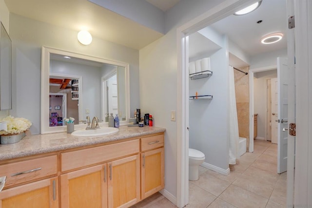 full bathroom featuring toilet, bathtub / shower combination, tile patterned floors, and vanity