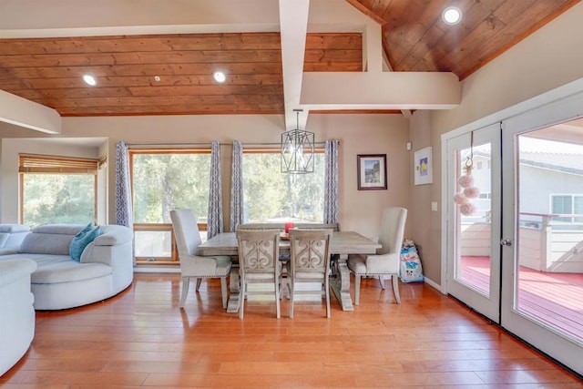 dining space featuring wooden ceiling, light wood-type flooring, lofted ceiling, and french doors