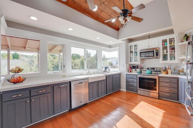 kitchen with sink, white cabinets, gray cabinets, and stainless steel appliances