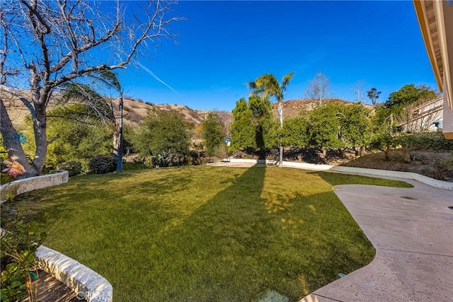 view of yard with a mountain view and a patio