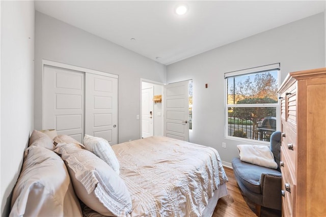 bedroom with a closet and hardwood / wood-style floors