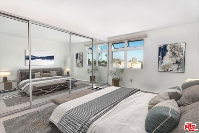 bedroom with hardwood / wood-style floors and a closet