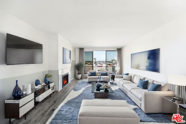 living room with floor to ceiling windows and dark hardwood / wood-style floors