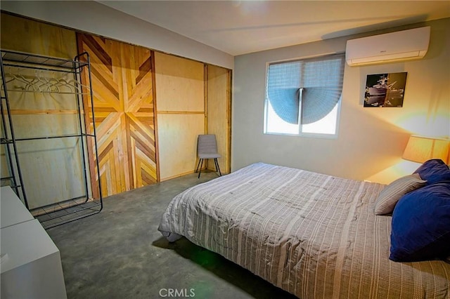 bedroom with wooden walls and an AC wall unit