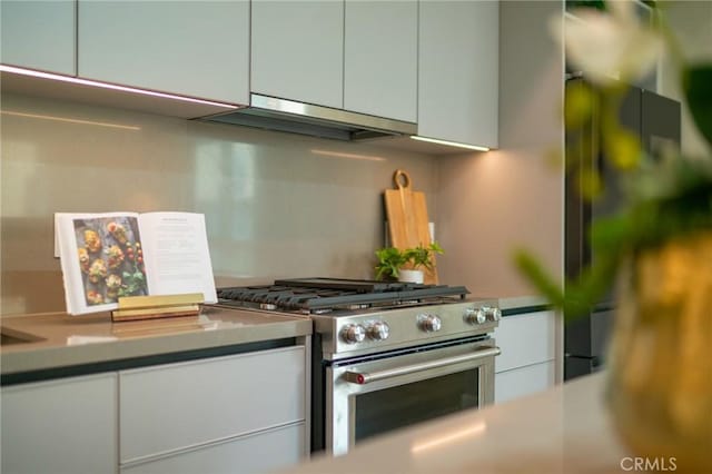 kitchen with gas range and black refrigerator