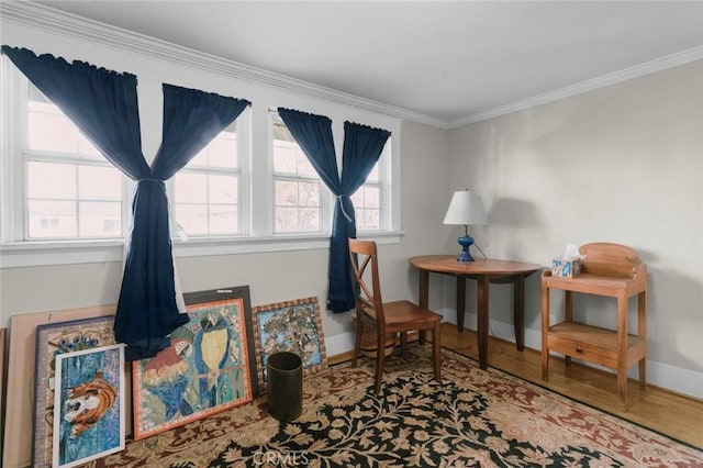 sitting room with ornamental molding and hardwood / wood-style floors