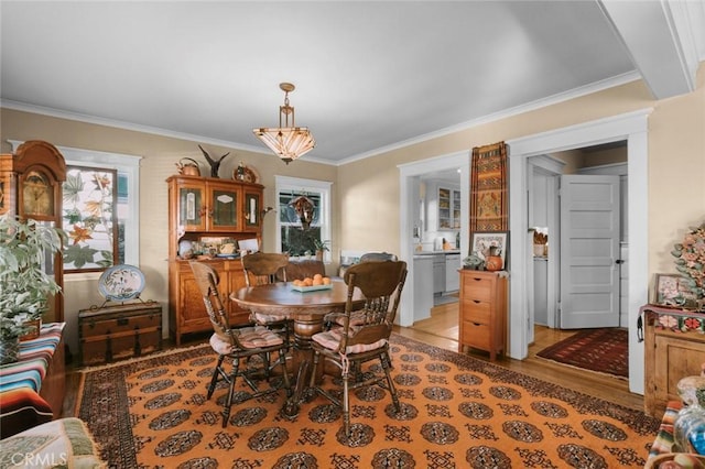 dining room featuring hardwood / wood-style floors and ornamental molding