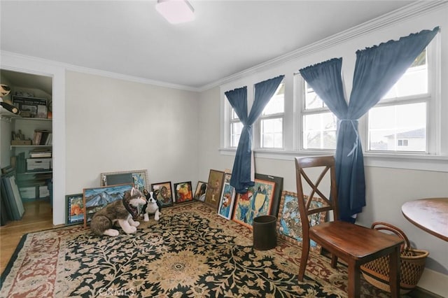 game room featuring crown molding and wood-type flooring