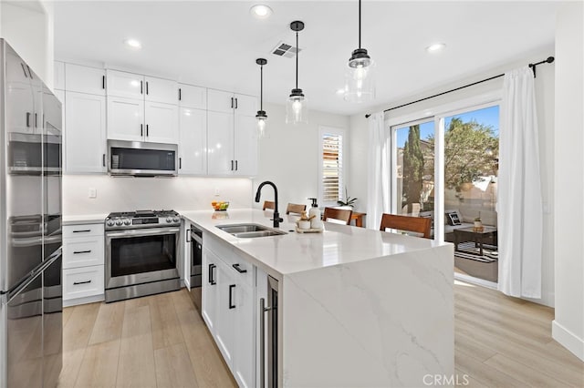 kitchen featuring sink, decorative light fixtures, white cabinets, and appliances with stainless steel finishes