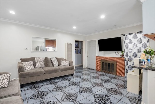 living room featuring crown molding and a brick fireplace