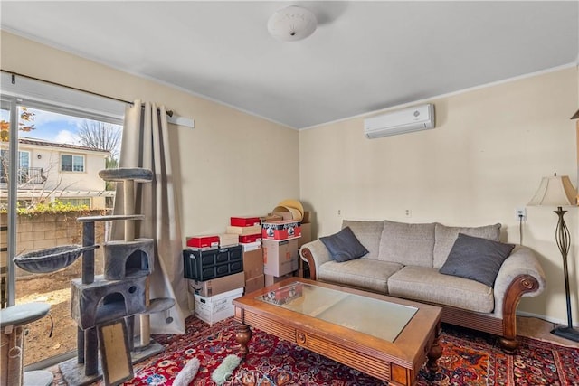 living room with an AC wall unit