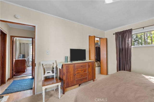 bedroom featuring light carpet and a closet