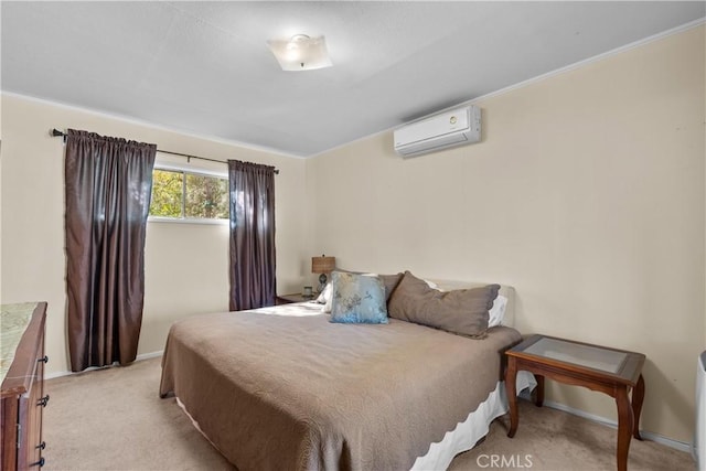 bedroom featuring a wall mounted AC and light carpet