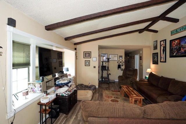 living room featuring hardwood / wood-style floors and lofted ceiling with beams