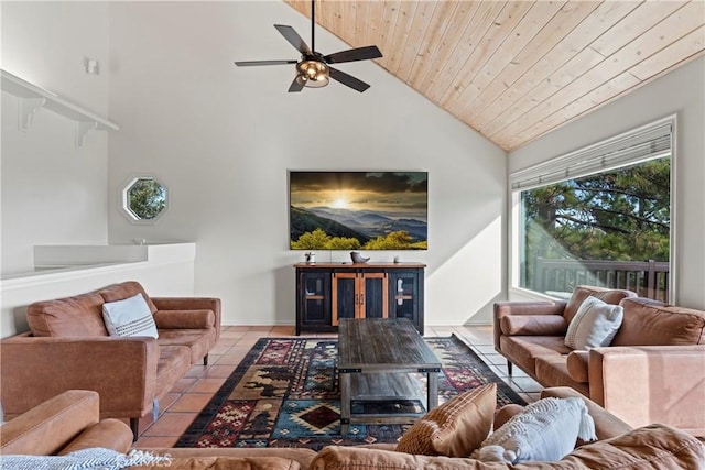 tiled living room with high vaulted ceiling, wooden ceiling, and ceiling fan