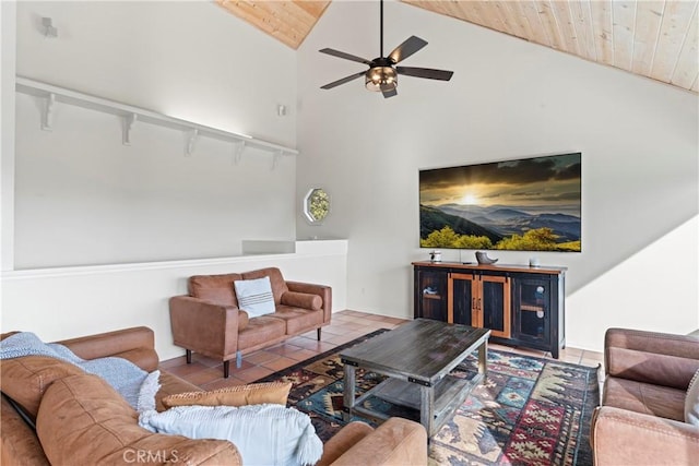 tiled living room with high vaulted ceiling, wooden ceiling, and ceiling fan