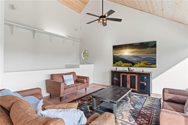 tiled living room with ceiling fan, high vaulted ceiling, and wooden ceiling