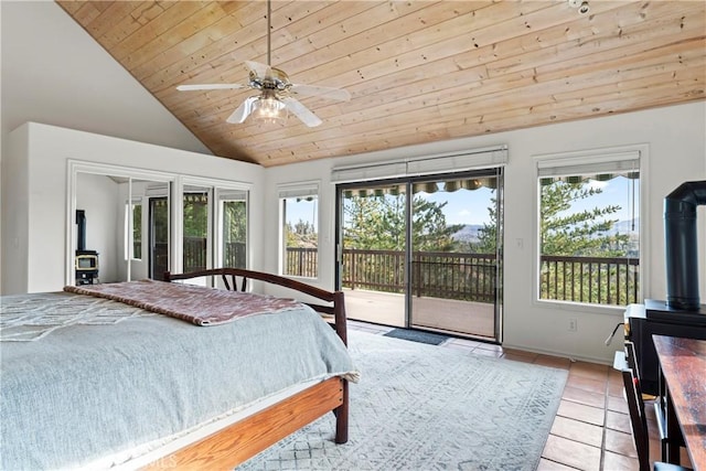 bedroom with ceiling fan, a wood stove, access to exterior, and wood ceiling