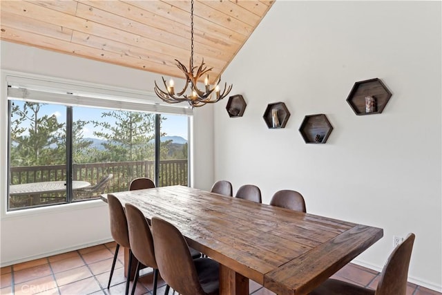 dining room with wood ceiling, vaulted ceiling, an inviting chandelier, and tile patterned floors