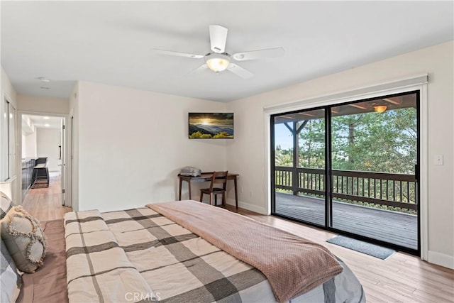 bedroom with light wood-type flooring, access to exterior, and ceiling fan