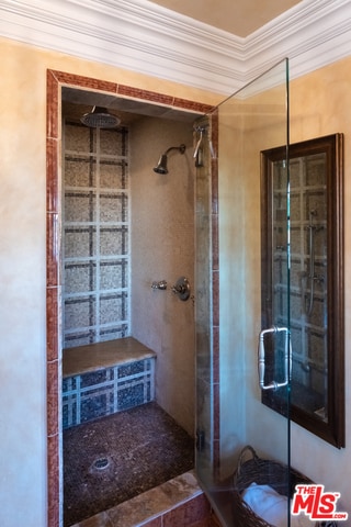 bathroom featuring crown molding and a shower with door