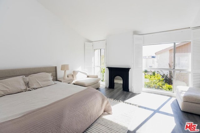 bedroom featuring multiple windows and dark hardwood / wood-style flooring