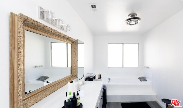 bathroom featuring wood-type flooring, a bath, and vanity