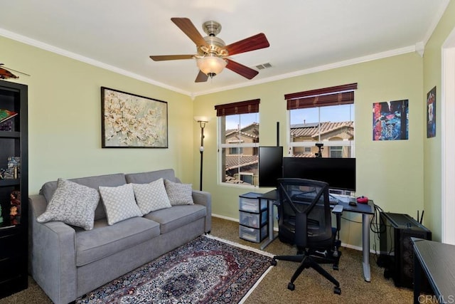 carpeted office featuring ceiling fan and crown molding