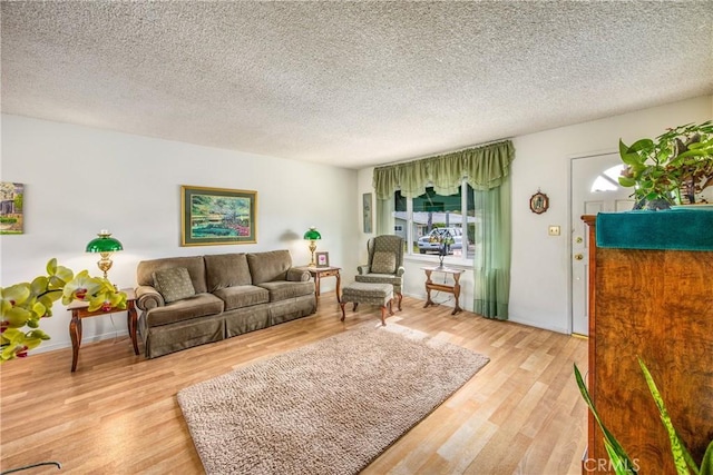 living room with light hardwood / wood-style floors and a textured ceiling