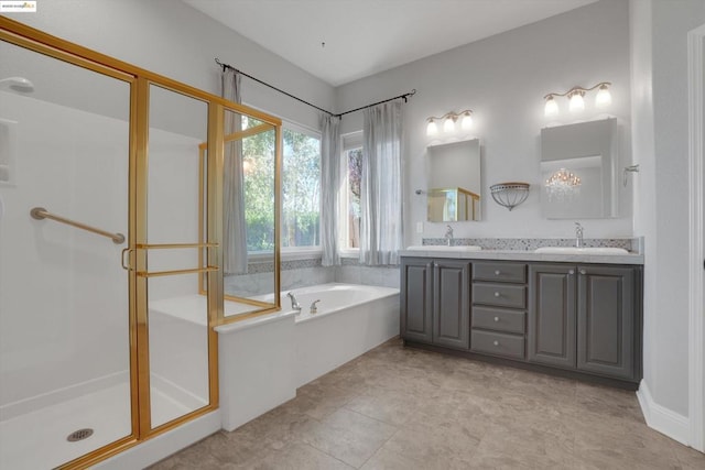 bathroom with vanity and plus walk in shower