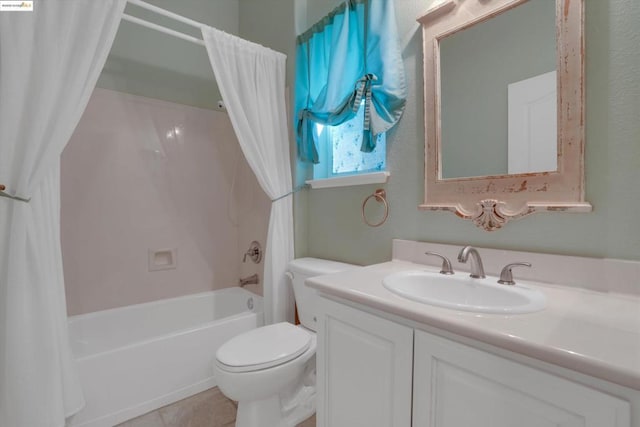 full bathroom featuring vanity, toilet, shower / bath combination with curtain, and tile patterned floors