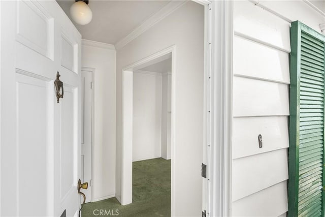 hall featuring carpet floors and ornamental molding