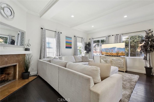 living area with beamed ceiling, dark wood-type flooring, baseboards, and a premium fireplace