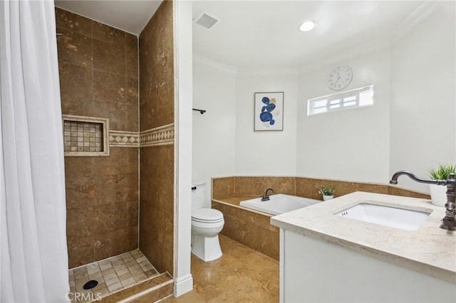 full bathroom with shower with separate bathtub, vanity, ornamental molding, toilet, and tile patterned floors