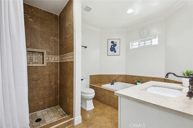 full bath with visible vents, crown molding, toilet, a garden tub, and tiled shower